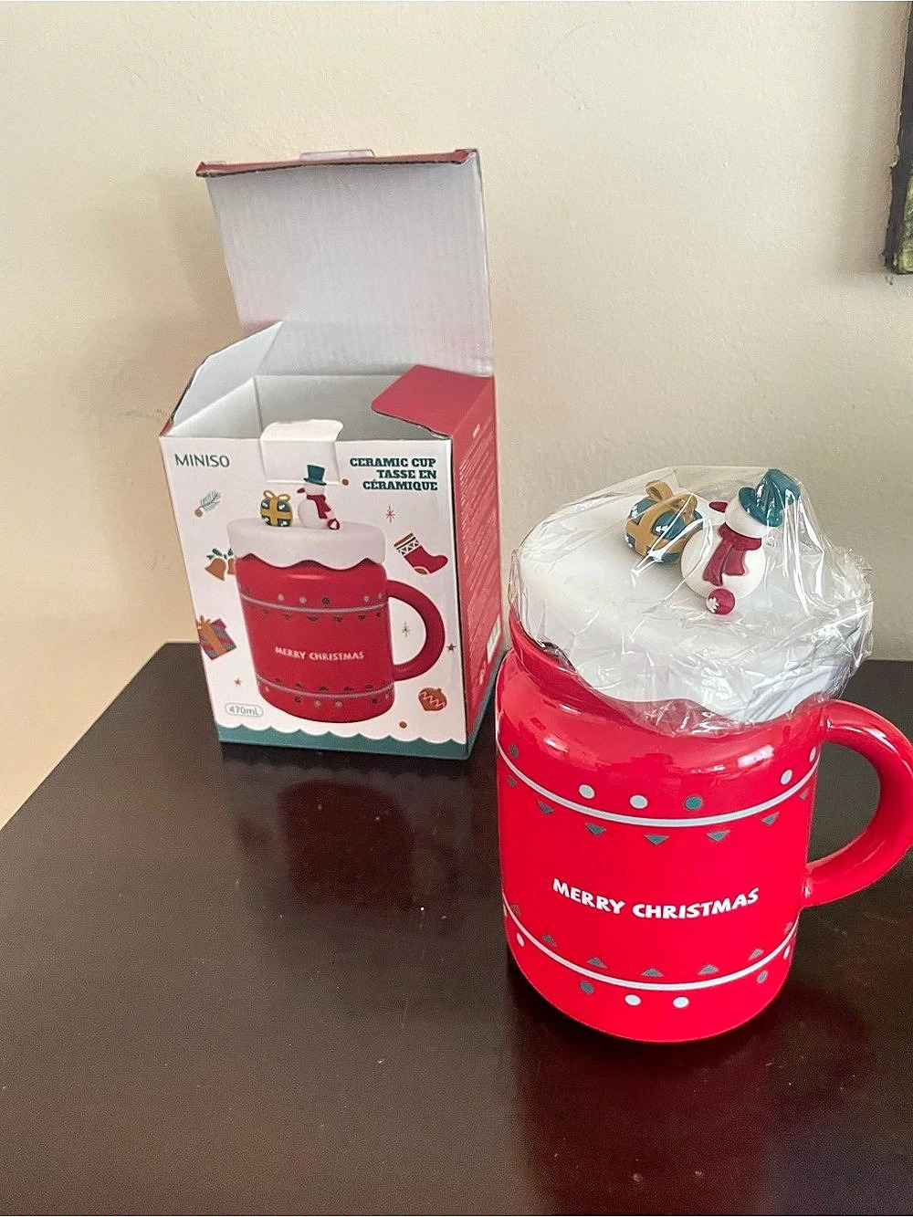 MINISO Merry Christmas Ceramic Cup with Lid Red & White